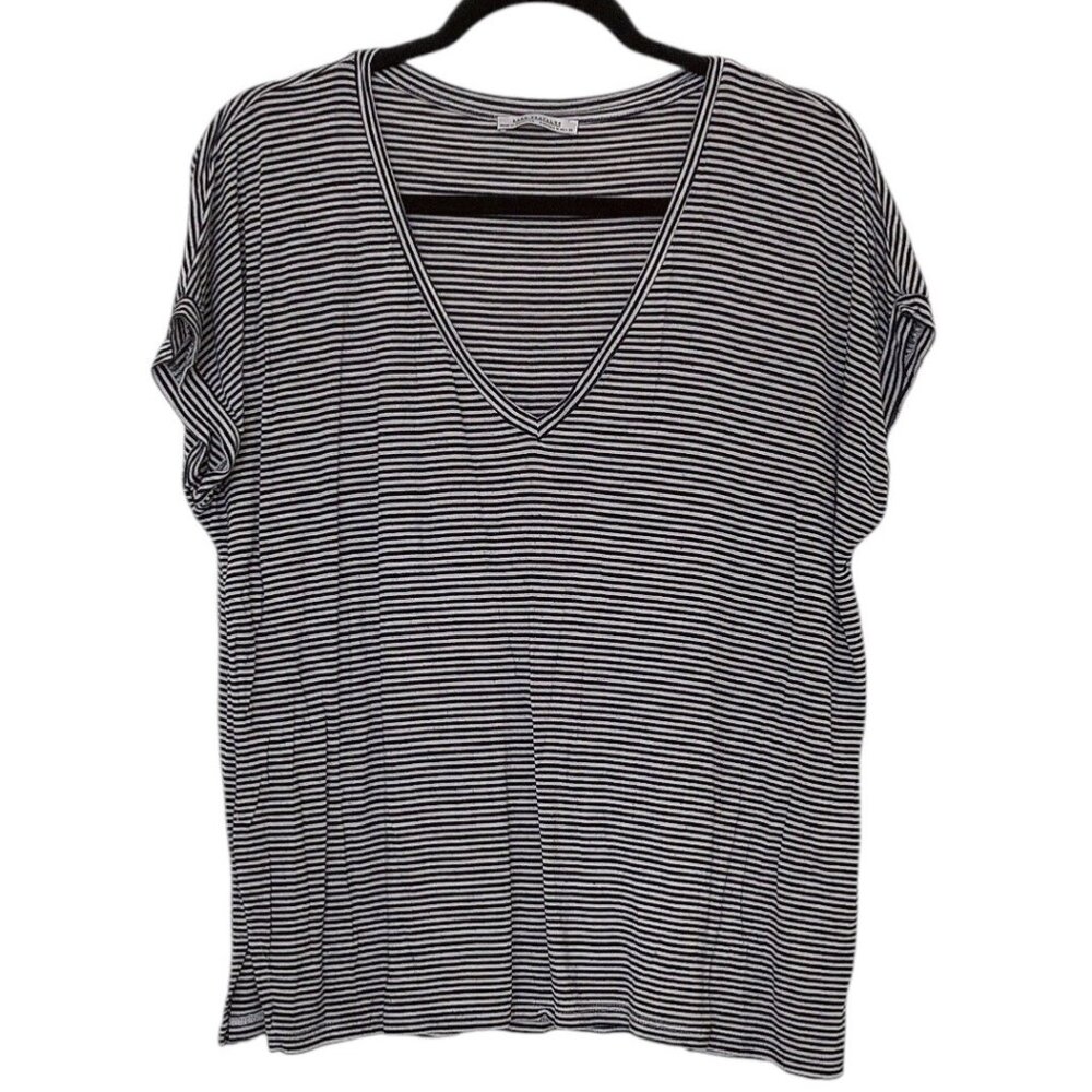 Zara Black White Striped V-neck Short Sleeve Top Size M